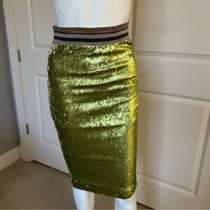 LE SUPERBE Liza Sequin Pencil Skirt Green & Silver Knee-length Lime XS Holiday